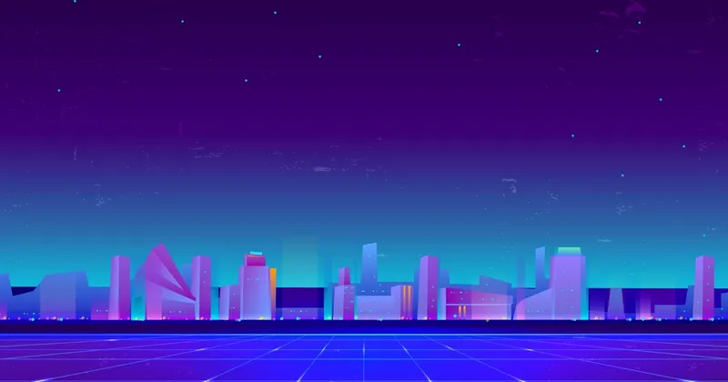 Neon city skyline standing on a lit grid, from Intellar's search artwork.