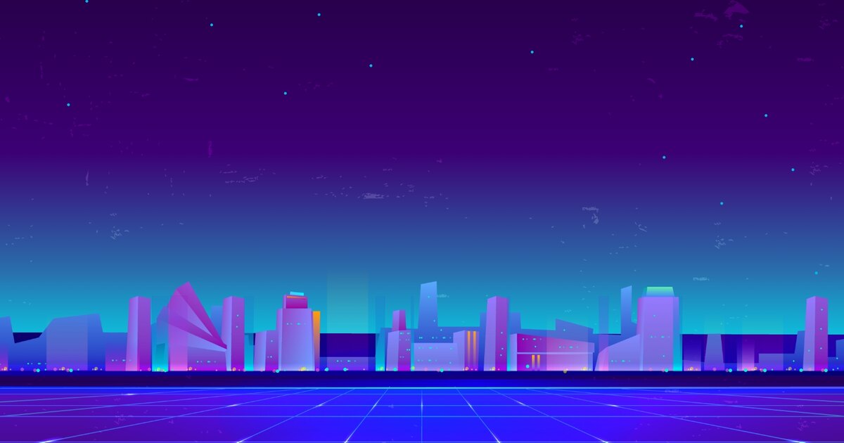 Neon city skyline standing on a lit grid, from Intellar's search artwork.