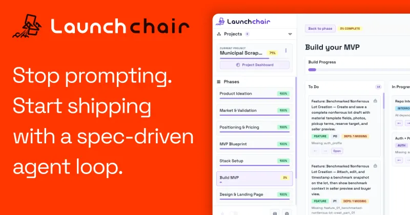 LaunchChair Open Graph image showing a prompt engine and living spec from idea to launch preview.
