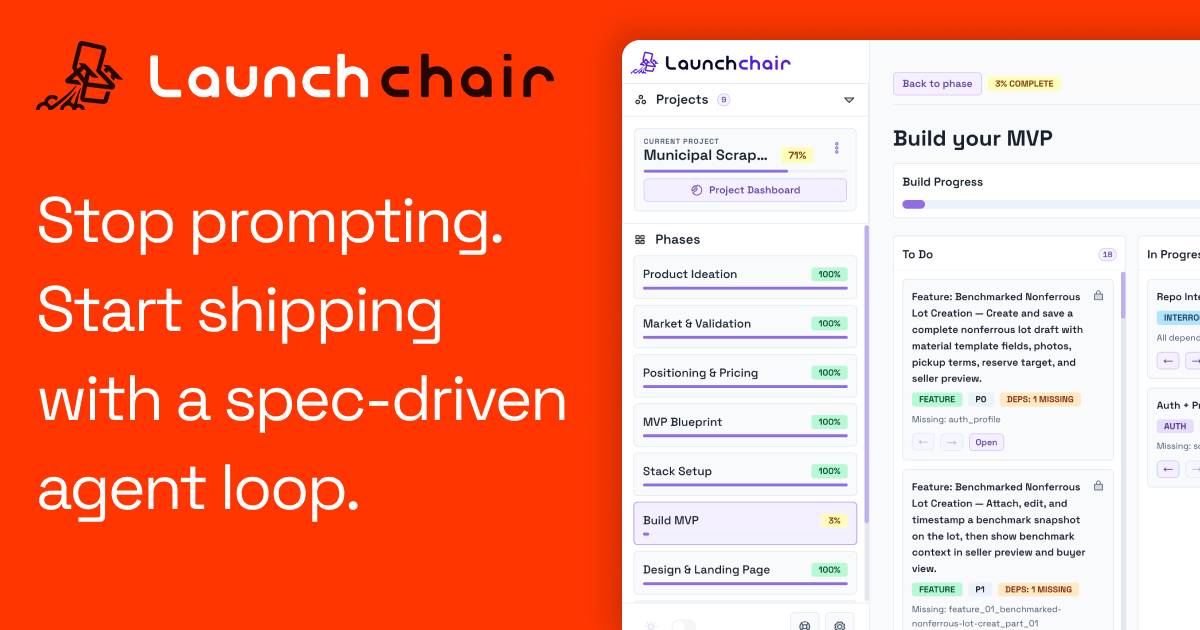 LaunchChair Open Graph image showing a prompt engine and living spec from idea to launch preview.
