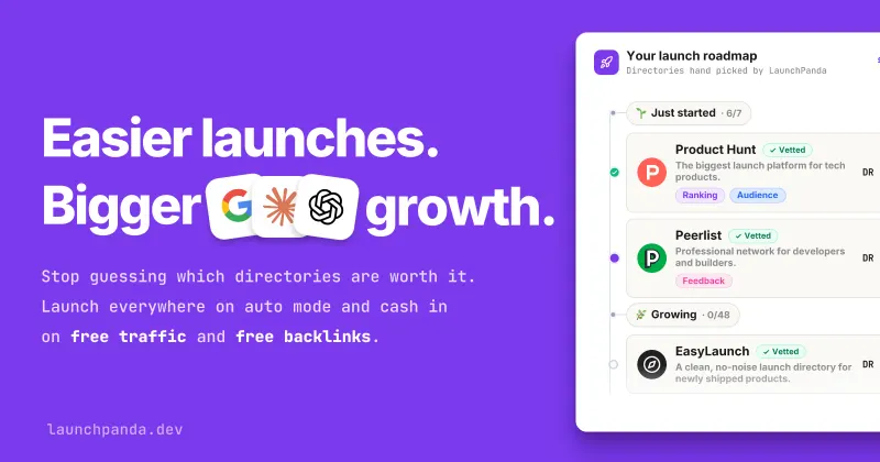 LaunchPanda card reading Easier launches, bigger growth, next to a launch roadmap of hand-picked directories with DR shown per listing.