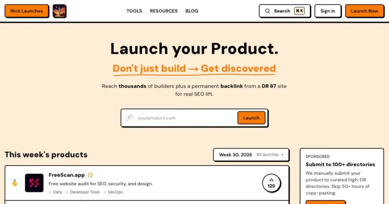 Nick Launches card reading Launch your Product, the weekly launch board for builders that now shows live VerifiedDR trust data.