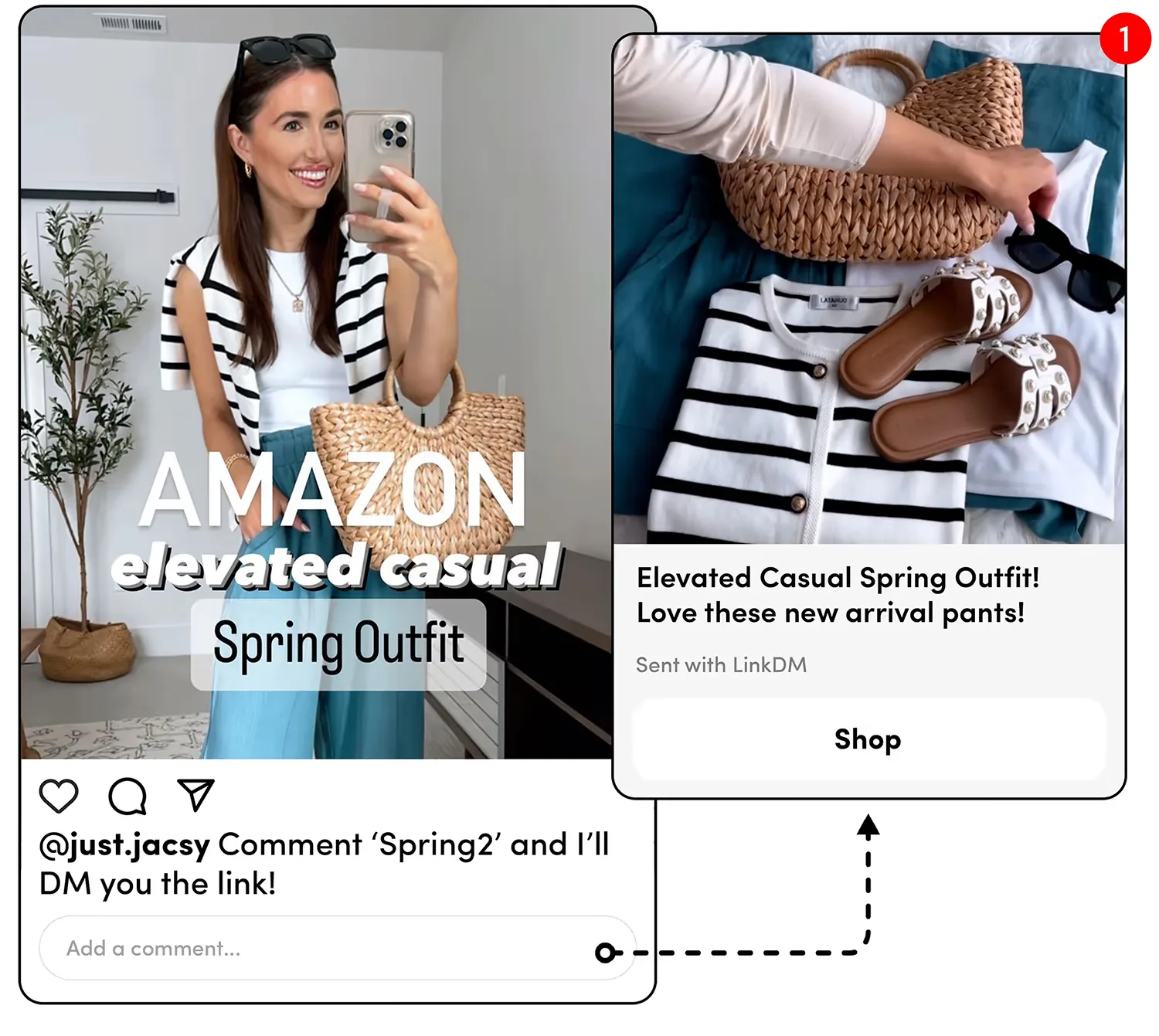 LinkDM example showing an Instagram comment that sends a product card by direct message.