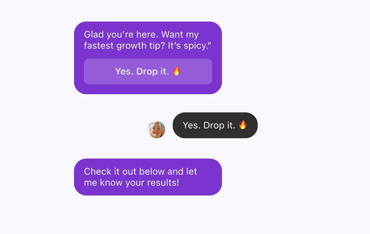 ManyChat follow-to-DM example with an automated offer, a button, and a direct-message reply.