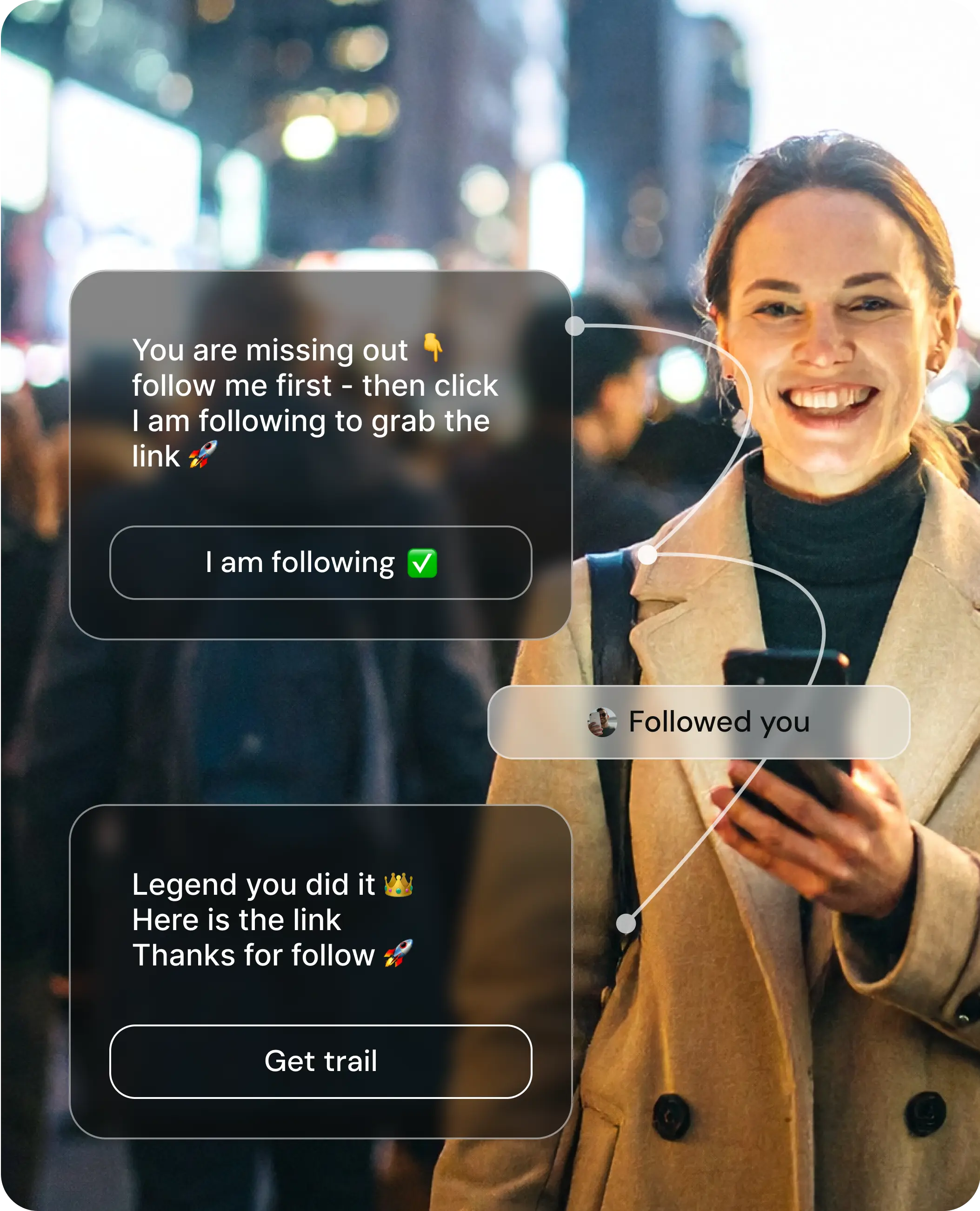 RapidDM Follow-to-Continue example showing an Instagram comment, a follow check, and the promised direct message.