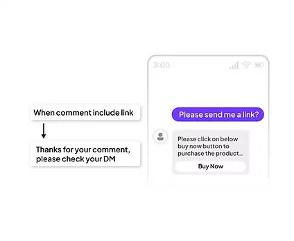 ReplyRush Instagram automation example showing a comment moving into a direct-message conversation.