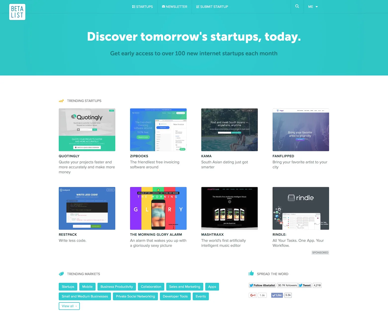 BetaList homepage with cards for early-stage startups.