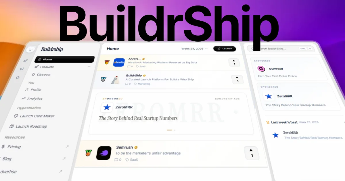 Buildrship product launch page with a weekly leaderboard and product cards.