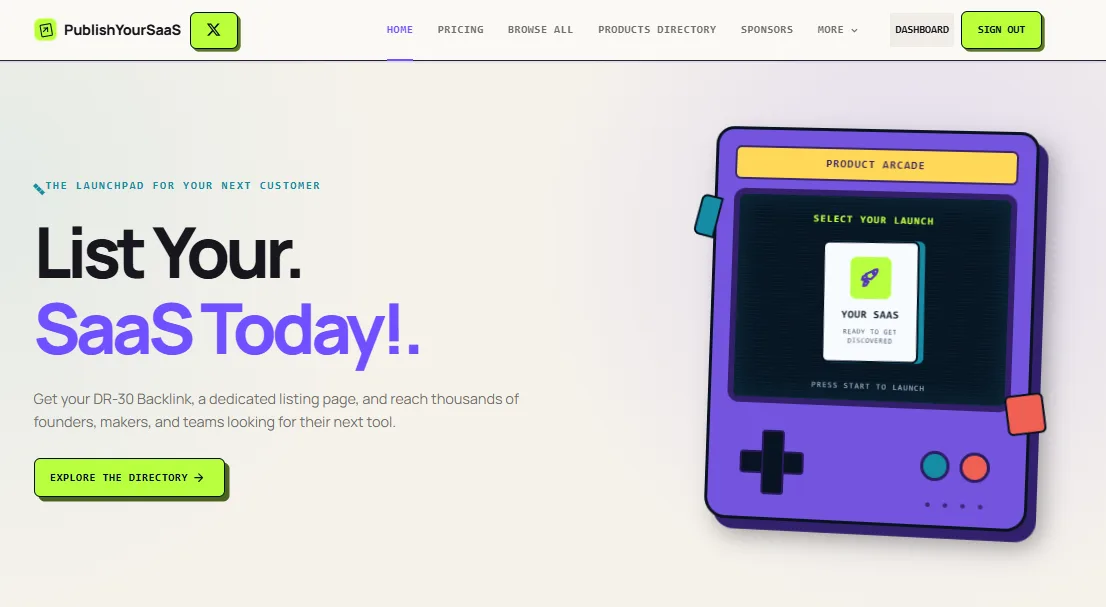 PublishYourSaaS homepage with its product directory and submission call to action.