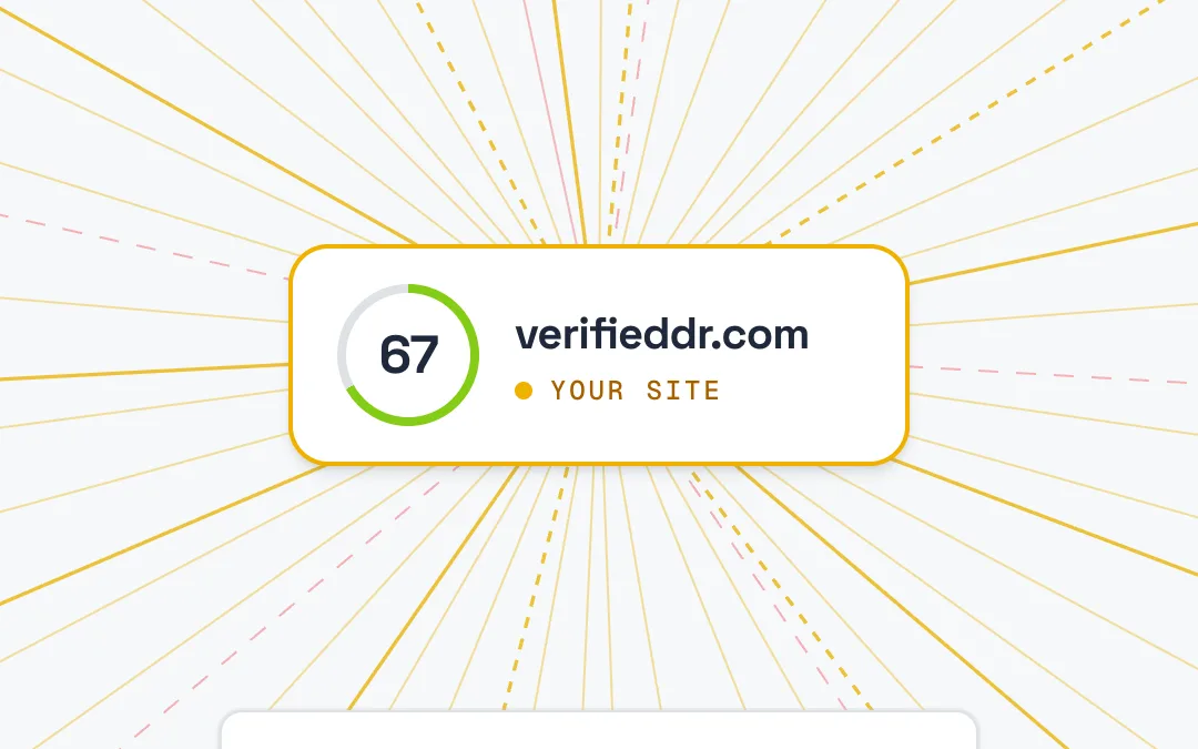 The centre of the Trust Map: verifieddr.com at DR 67 with lines to every referring website, solid for dofollow and dashed for lost links