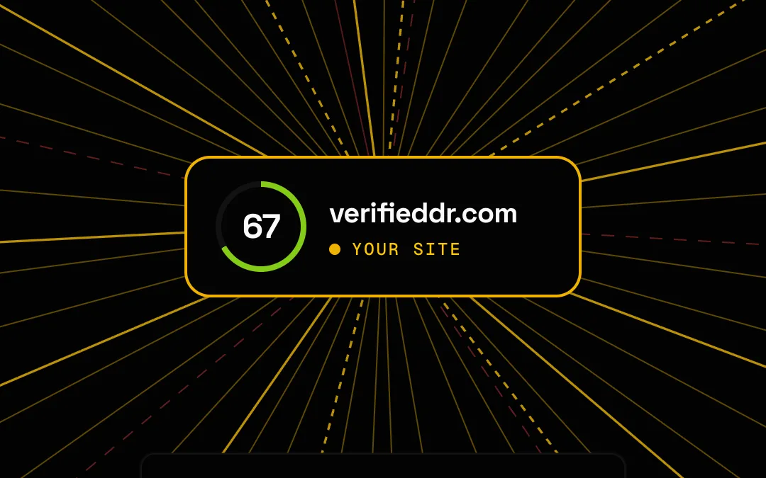 The centre of the Trust Map: verifieddr.com at DR 67 with lines to every referring website, solid for dofollow and dashed for lost links