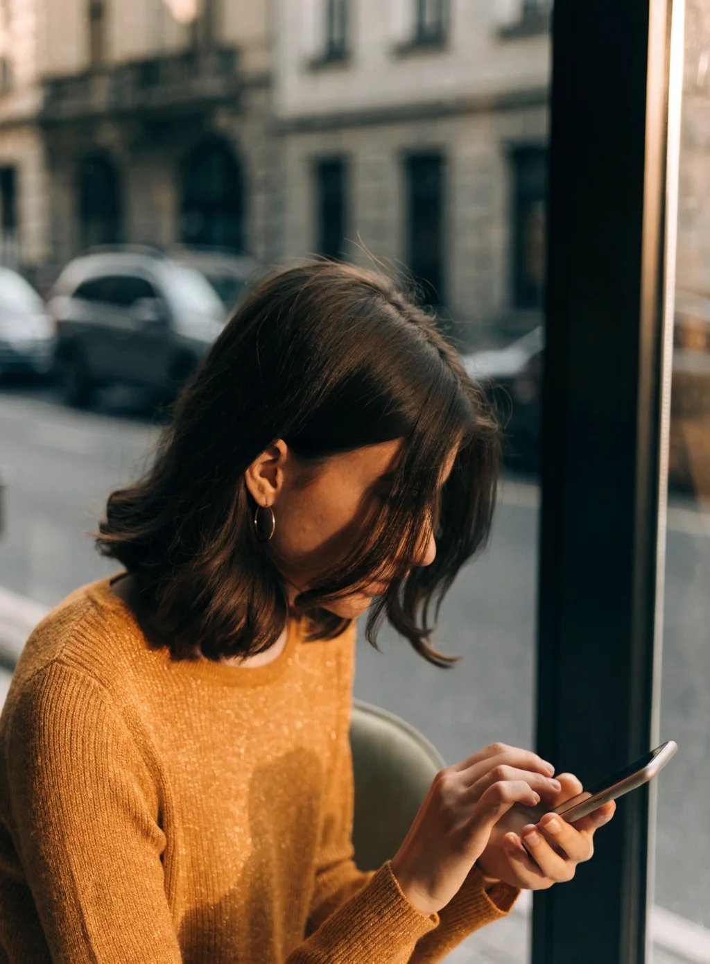 A woman in an amber sweater at a cafe window, typing a question on her phone