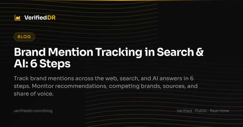 VerifiedDR blog card for a guide to brand mention tracking across search and AI answers.